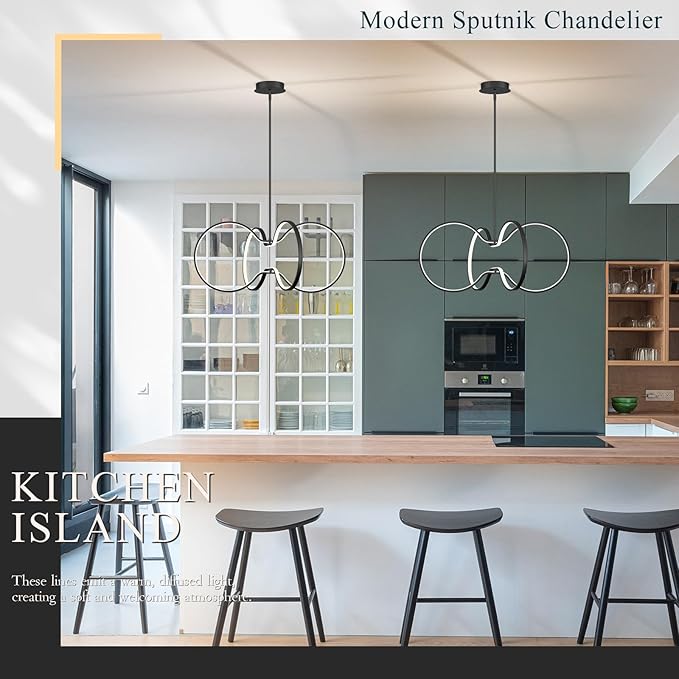Modern LED Pendant Light Black Dimmable Circular Chandelier, Kitchen Island Pendant Light Fixture with Remote Control for Dining Room, Kitchen, Entry, Living Room(D31.5 Inch)