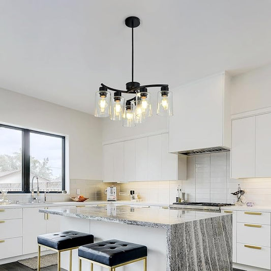 6-Light Modern Chandelier Black Chandeliers for Dining Room Seeded Glass Pendant Lights for Kitchen Island Living Room Foyer Bedroom E26 Base