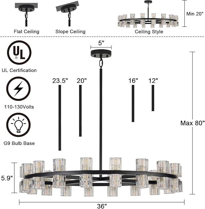 36 Inch Black Crystal Wagon Wheel Chandelier, Modern Farmhouse Round 36-Lights Pendant Lighting Fixture, for High Ceilings Living Room, Bedroom, Foyer