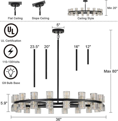 36 Inch Black Crystal Wagon Wheel Chandelier, Modern Farmhouse Round 36-Lights Pendant Lighting Fixture, for High Ceilings Living Room, Bedroom, Foyer