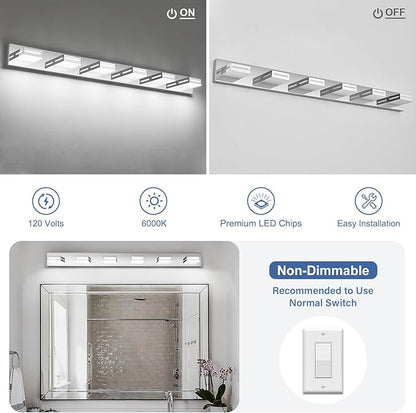 LED Modern Bathroom Light Fixtures, 6-Light 48-Inch Chrome Vanity Lights for Bathroom Lighting Fixtures Over Mirror, 6000K Cool White 350° Rotatable Wall Lamp