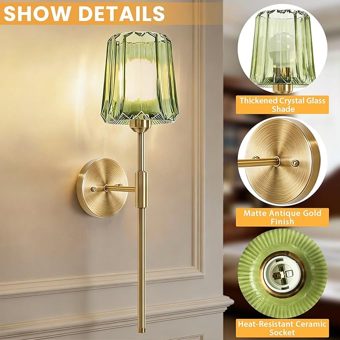 Crystal Battery Operated Wall Sconces Set of 2, Green Rechargeable Wireless Wall Sconce Lights with Crystal Lampshade, 12 RGB and 3CCT Dimmable Wall Lamps for Bedroom Living Room Hallway Decor, 2 Pack