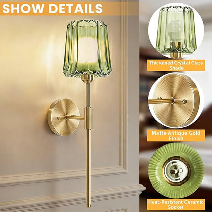 Crystal Battery Operated Wall Sconces Set of 2, Green Rechargeable Wireless Wall Sconce Lights with Crystal Lampshade, 12 RGB and 3CCT Dimmable Wall Lamps for Bedroom Living Room Hallway Decor, 2 Pack