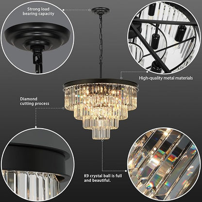 Crystal Chandeliers for Dining Room Lights Fixture Over Table, 15 Lights Black Modern Chandeliers for Living Room, 4-Tier Round Crystal Lighting Fixtures for Bedroom Entryway Kitchen Island D24 Inch