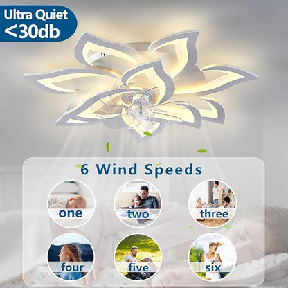 32" Modern Geometric Ceiling Fan with Lights Remote Control, White 6 Speeds 3 Colors Low Profile Ceiling Fan with Light for Living Room