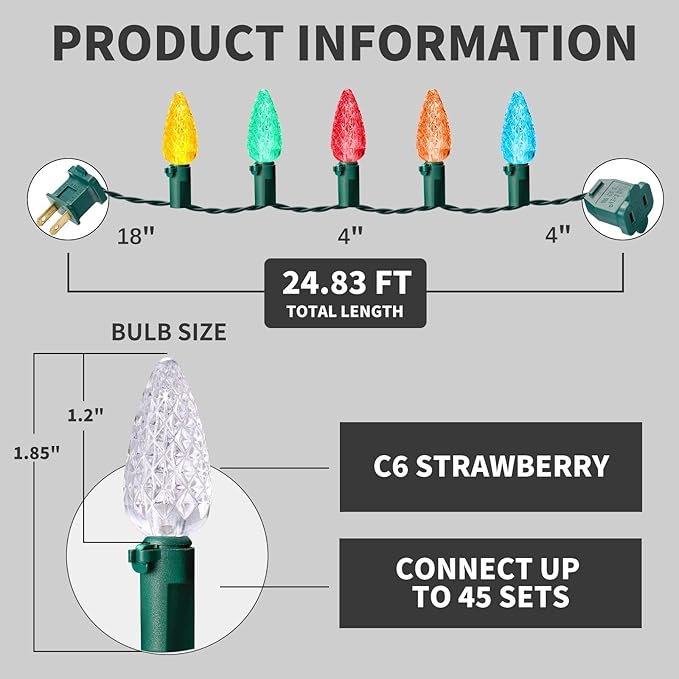 Christmas Lights C6 Multicolor 70 Count Strawberry Green Wire, 24.8 Feet Length Outdoor Connectable Light String for Festival Party Garden Spring Summer Home Decoration