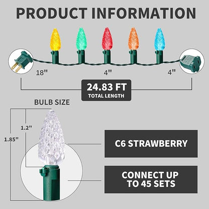 Christmas Lights C6 Multicolor 70 Count Strawberry Green Wire, 24.8 Feet Length Outdoor Connectable Light String for Festival Party Garden Spring Summer Home Decoration