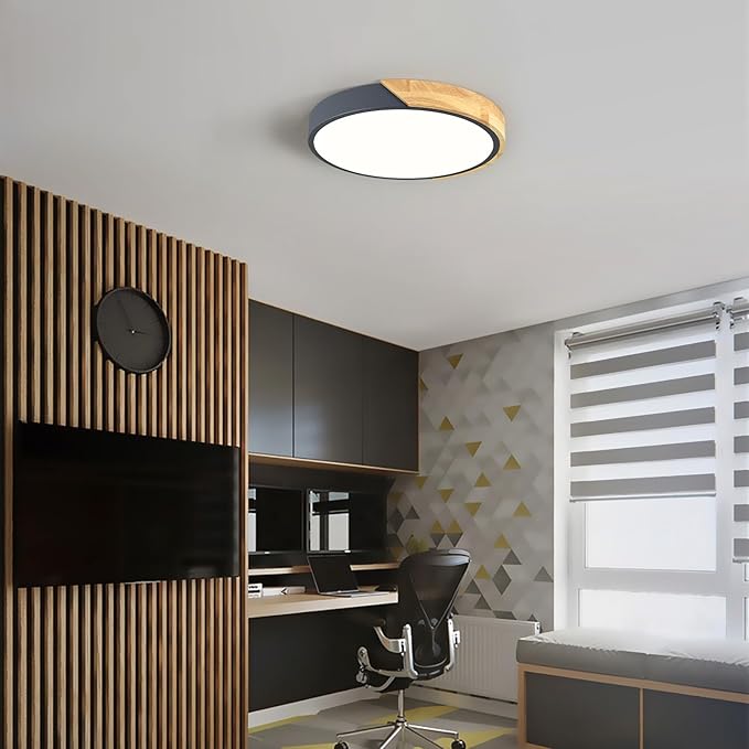 Modern LED Ceiling Light, Minimalist Wood Flush Mount Ceiling Light Fixture, 4000K Not Dimmable, Circle Lighting Lamp with Acrylic Lampshade for Bedroom Dining Room Laundry (Grey, 11.8'')