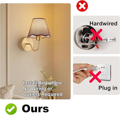 ADISUN Battery Operated Wall Sconce Set of 2, Gold Wall Lamps Rechargeable Bulbs for Living Room, Brown Rattan Shade, Wireless Wall Lights for Bedroom Living Room Hallway Kitchen(2 Bulbs Included)