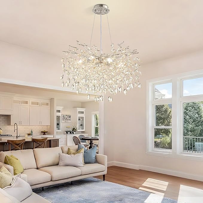 Modern Tree Branch Crystal Chandelier 23.6" Sliver Luxury Large Pendant Lighting 8-Light Contemporary K9 Crystal Chandeliers for Dining Room Kitchen Living Room Foyer Entryway (Sliver, D23.6"-Round)