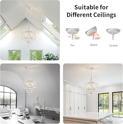 Small Crystal Chandelier, Modern Crystal Chandelier for Dining Room, Rustic Farmhouse White Round Ceiling Pendant Light Fixture for Living Room, Entryway, Hallway, Bedroom, Bathroom