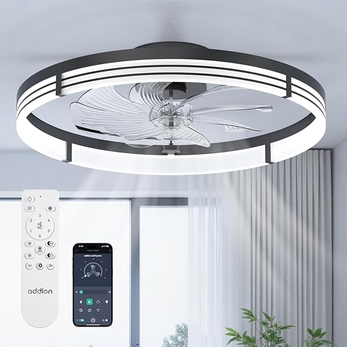 addlon Ceiling Fans with Lights and Remote, 24'' Low Profile Ceiling Fans, 3000-6000K Dimmable Modern Flush Mount LED Fan Light, Fandelier Ceiling Fan for Bedroom, Kitchen, Living Room
