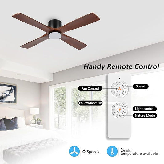 WINGBO 48 Inch Flush Mount DC Ceiling Fan with Lights and Remote, 4 Reversible Carved Wood Blades, 6-Speed Noiseless DC Motor, Hugger Ceiling Fan in Matte Black Finish with Walnut Blades