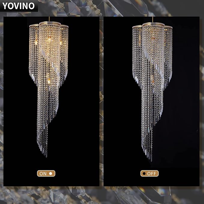 High Ceiling Chandeliers for Entryway Gold Spiral Crystal Chandelier Large Foyer Chandelier 6 Lights Modern Raindrop Chandelier for Villa Staircase, K9 Pendant Light Fixtures D17.7'' x H49.2''