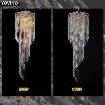 High Ceiling Chandeliers for Entryway Gold Spiral Crystal Chandelier Large Foyer Chandelier 6 Lights Modern Raindrop Chandelier for Villa Staircase, K9 Pendant Light Fixtures D17.7'' x H49.2''