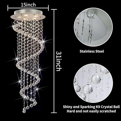 Elegance Spiral Chandelier for Dining Area, Modern Swirl Raindrop Chandelier Light Fixture for Foyer Hallway Crystal Chandeliers for High Ceilings, Modern Hanging Light D15 x H31 of CRYSTOP