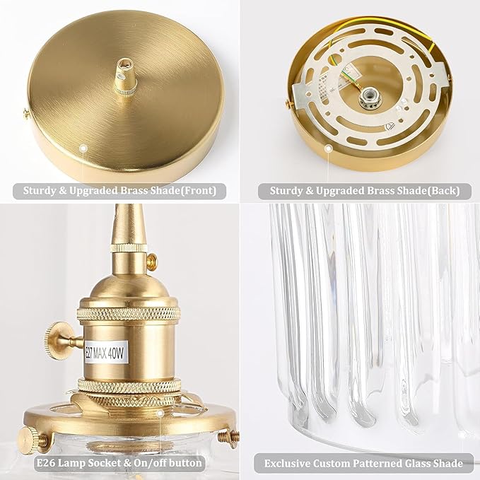 Shenmoyl Pendant Light 2 Pack with Clear Striped Glass Lmapshade, Brass Vintage Pendant Light Adjustable Hanging Light for Kitchen Island Dining Room Hallway