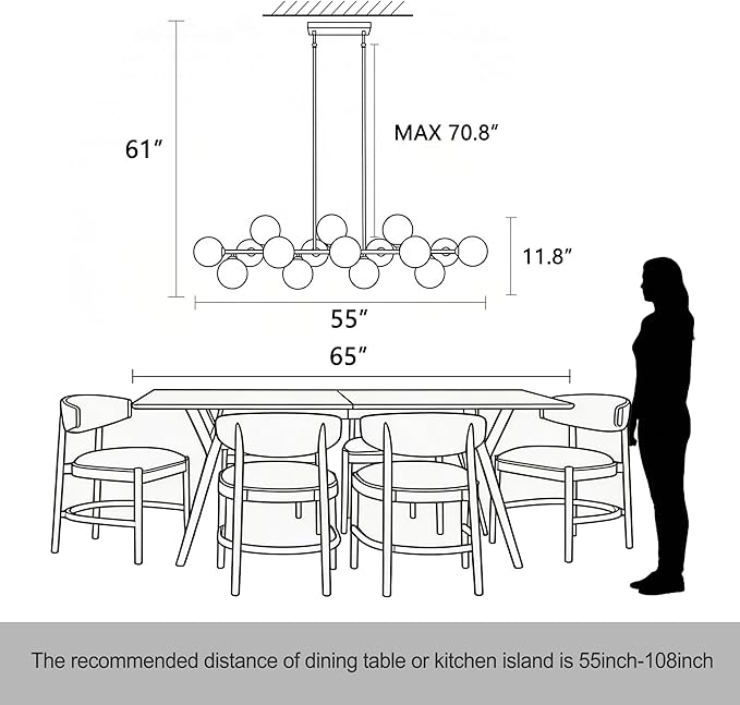 Linear Chandeliers for Dining Room, 55inch Glass Globe Chandelier Black Linear Sputnik Chandeliers 16 Light Large Long Modern Chandelier Milk White Glass Bubble Chandelier Kitchen Island Lighting