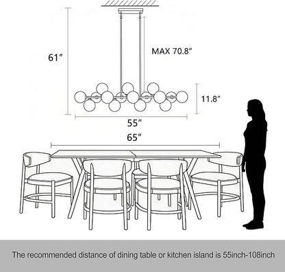 Linear Chandeliers for Dining Room, 55inch Glass Globe Chandelier Black Linear Sputnik Chandeliers 16 Light Large Long Modern Chandelier Milk White Glass Bubble Chandelier Kitchen Island Lighting