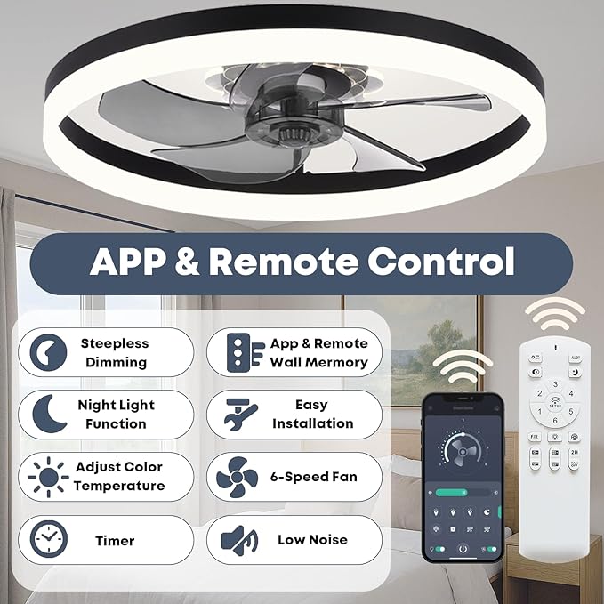 Fszdorj 23.6'' Ceiling Fan with Light, Upgraded Low Profile Fan, Flush Mount Ceiling Fan, 6 Speeds, Dimmable LED, App & Remote Control, Quiet DC Motor, for Bedroom, Living Room, F115 Black