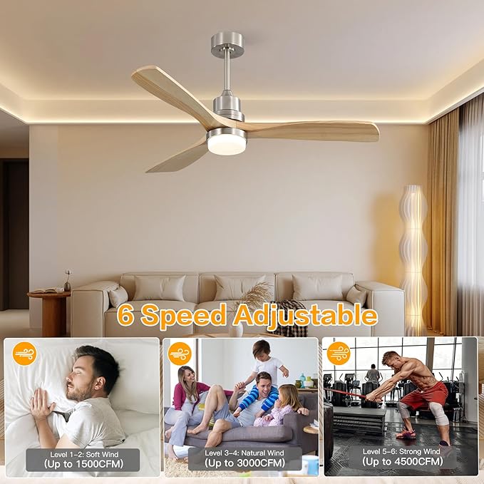 Sofucor Smart Ceiling Fan, 52" Low Profile Ceiling Fans with Lights and Remote, Compatible with Alexa/Google/App, 3-Color Light 6-Speed DC Motor Reversible Timer for Bedroom Living Room Patio Outdoor