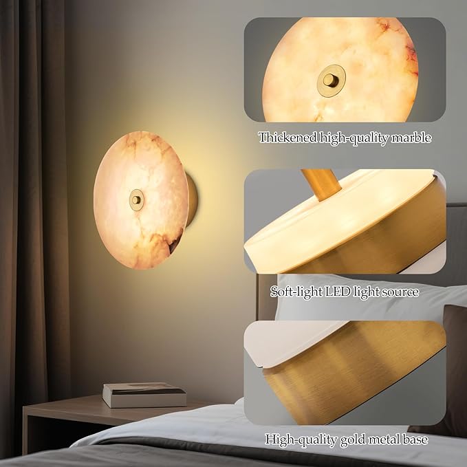 9.84 Inch Round Natural Alabaster Wall Sconce Marble Stone Light Decor for Wall, Dimmable 3CCT Hardwired Circular Sconce LED Modern Wall Lamp for Bedroom, Living Room, Bedside, Hallway (Gold)