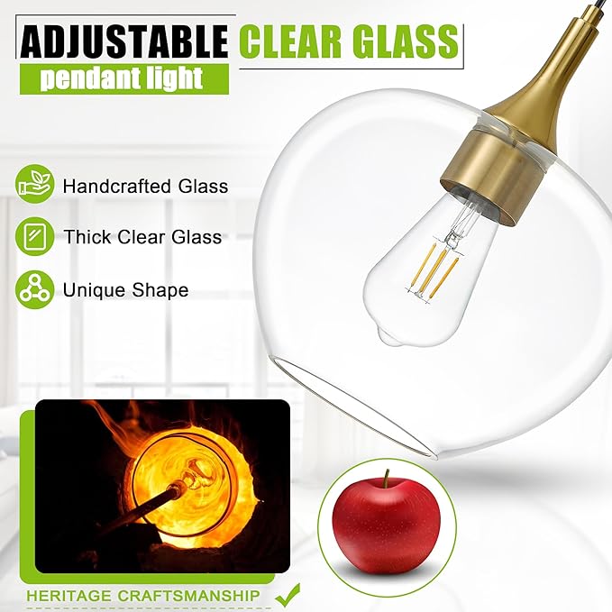Glass Pendant Lights Kitchen Island, 9.45'' Black Gold Pendant Lighting Fixtures, Modern Hanging Ceiling Light with Clear Glass Shade for Farmhouse Dining Room Bedroom Hallway(1 Pack)