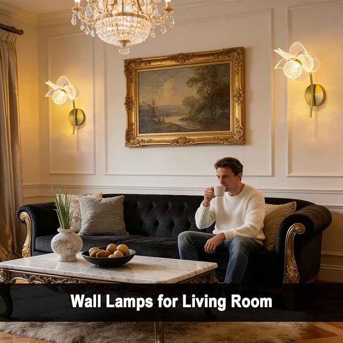 Gold Wall Sconces, Hardwired Indoor Wall Lights for Living Room, Modern LED Sconces Wall Lighting with 3 Color Adjustable, Wall Mounted Lamp for Bedrooms, Bathroom, Hallways, 3000K-6000K