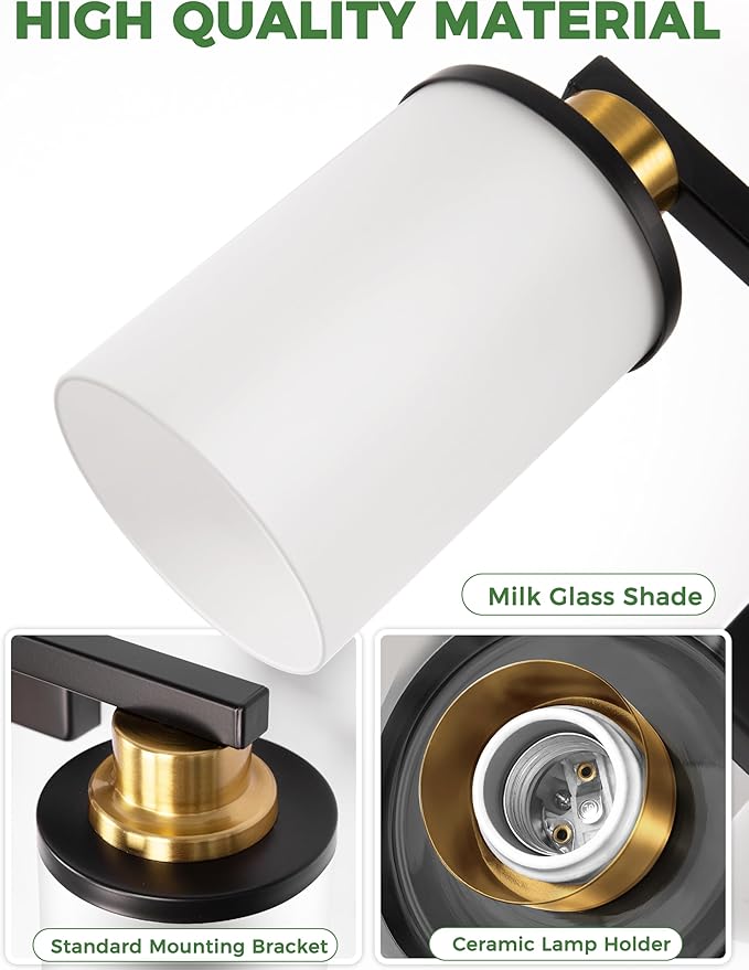 DORESshop Black and Gold Vanity Light, 3-Light Bathroom Light Fixture Over Mirror with Milk Glass Shade, Modern Vanity Lighting for Living Room Bedroom, ETL Listed