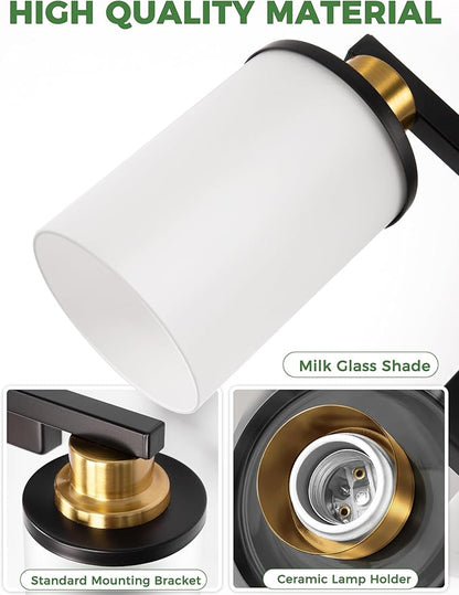 DORESshop Black and Gold Vanity Light, 3-Light Bathroom Light Fixture Over Mirror with Milk Glass Shade, Modern Vanity Lighting for Living Room Bedroom, ETL Listed