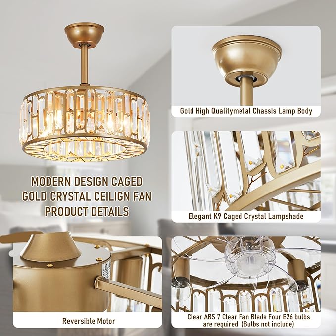 18.2" Gold Caged Ceiling Fans with Lights Remote Crystal Fandelier 4-Lights Flush Mount Fan Light Modern Enclosed Chandelier Fan with 6 Speeds for Bedroom Living Room Kitchen Dining Room Hallway