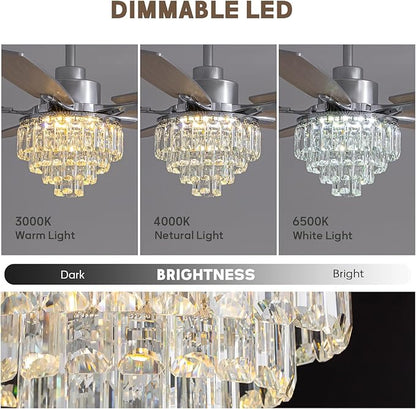 LUDOMIDE Chandelier Ceiling Fan, 52 Inch Crystal Ceiling Fan with Light, 3CCT, 6-Speed, 5-Blade Noiseless Reversible DC Motor, Remote Control, Modern Indoor Fandelier for Living Room
