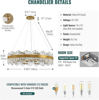 Siljoy Modern Crystal Chandelier, 20-Light Luxury Gold 2-Tiers K9 Crystal Raindrop Chandelier, Large Dimmable Crystal Pendant Ceiling Light for Dining Room Living Room Foyer Entryway D39.4''