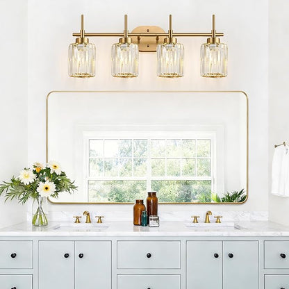 Modern Crystal Bathroom Vanity Light, 4-Light Gold Bathroom Light Fixtures Over Mirror, Crystal Vanity Light with Brushed Gold Finish (Bulbs Not Included)