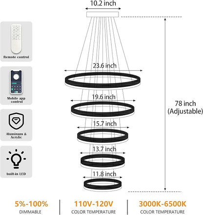 5 Rings Pendant Lights Modern Nickel Led Chandelier Nickel Modern Led Pendant Light Dimmable Height Adjustable Chandeliers for Dining Room Bedroom Entryway Living Room Foyer (3000K-6000K)