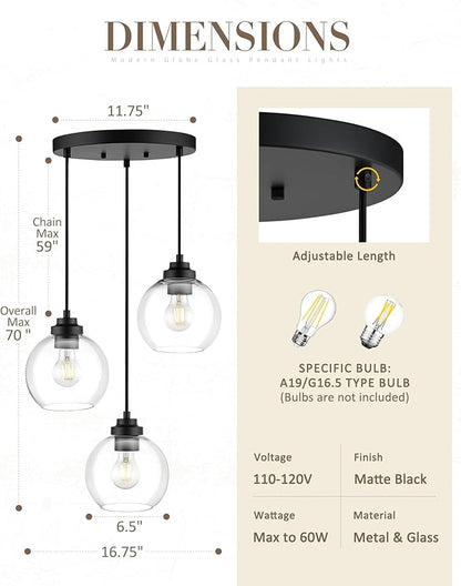 3-Light Black Pendant Light Fixture, Globe Cluster Hanging Light, Kitchen Island Lighting with Clear Glass for Dining Room Living Room Laundry Entrance Foyer, ZCPL101BK-3C