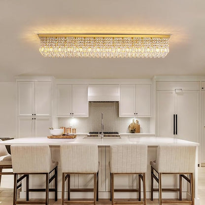 7PM Rectangular Chandelier, Modern Dining Room Light Fixture with Raindrop Chandelier Crystals, 13-Light Flush Mount Rectangle Chandelier for Dining Room, Living Room,Brass Finish L59'' x W10'' x H9''