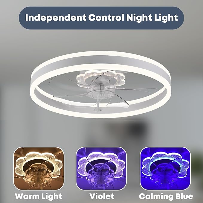 Fszdorj 23.6'' Ceiling Fan with Light, Upgraded Low Profile Fan, Flush Mount Ceiling Fan, 6 Speeds, Dimmable LED, App & Remote Control, Quiet DC Motor, for Bedroom, Living Room, F105 White