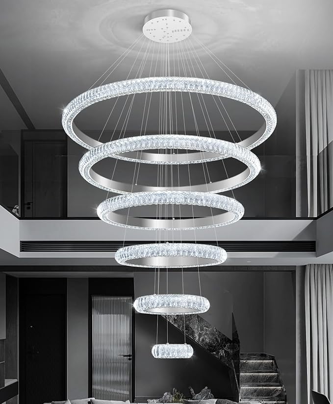 47" 6 Ring Crystal Chandelier Modern LED Dimmable Ring Pendant Light Chandelier for Dining Room Living Room Silver