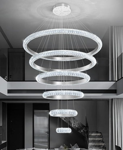 47" 6 Ring Crystal Chandelier Modern LED Dimmable Ring Pendant Light Chandelier for Dining Room Living Room Silver