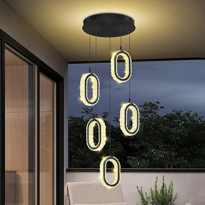 Crystal Rings Chandelier for Living Room, Dimmable Led Black Crystal Ring Chandelier High Ceiling 5-Light Oval Ring Pendant Light for Dining,Hallway, Entryway,Bedroom