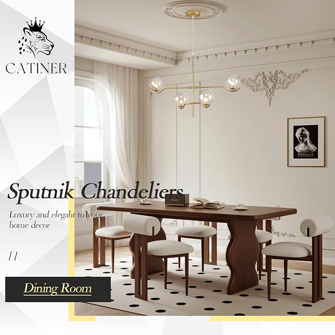 CATINER 4 Lights Gold Sputnik Chandelier, Modern Large L31 '' Mid Century Long Ceiling Pendant Light Fixtures with Clear Glass Globe Shades for High Ceiling Living Room Foyer Dining Room Bedroom