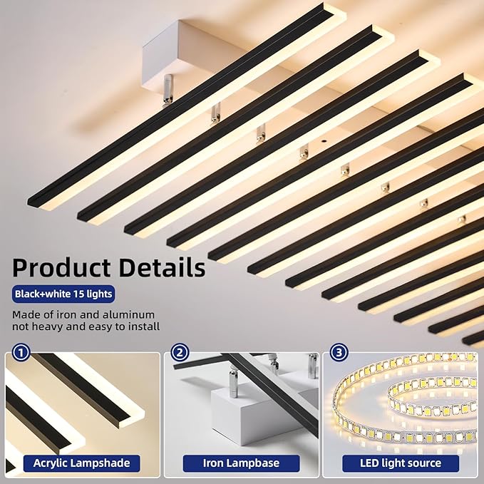 JAYMP 15 Lights Adjustable Linear Modern Ceiling Light 43.3 inch Dimmable LED Chandelier Semi Flush Mount Light Fixture for Dining Room Kitchen Island Living Room