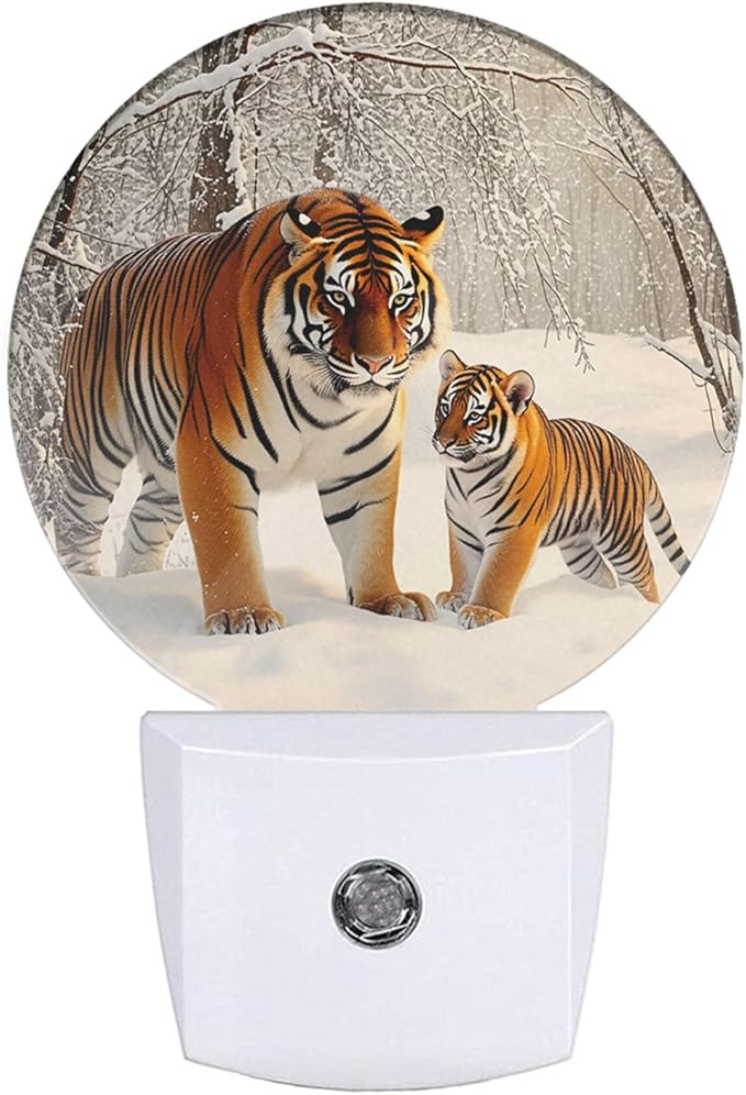 EKOBLA Tiger Plug-in Night Light, Tiger Mother & Cub in Snow LED Nightlight with Dusk to Dawn Sensor for Stairway, Hallway & Kitchen