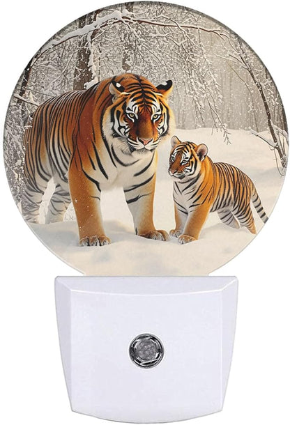 EKOBLA Tiger Plug-in Night Light, Tiger Mother & Cub in Snow LED Nightlight with Dusk to Dawn Sensor for Stairway, Hallway & Kitchen