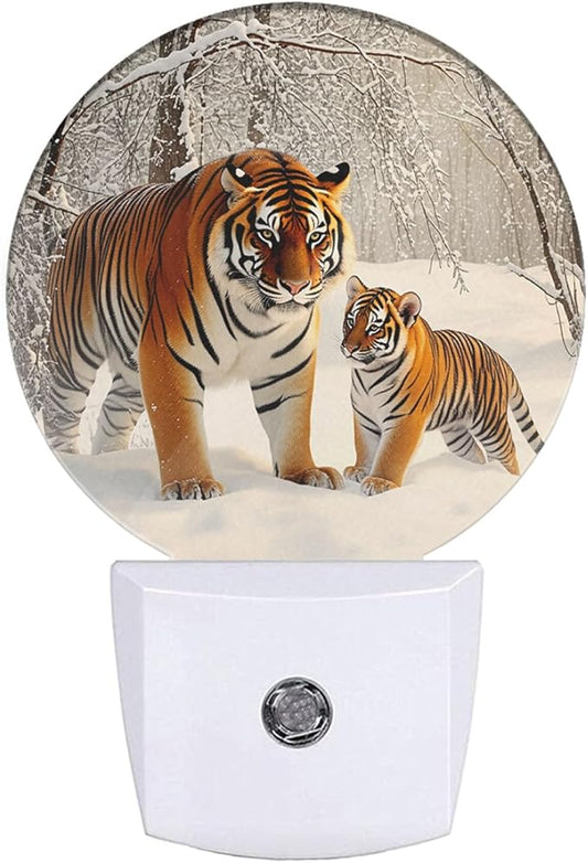 EKOBLA Tiger Plug-in Night Light, Tiger Mother & Cub in Snow LED Nightlight with Dusk to Dawn Sensor for Stairway, Hallway & Kitchen