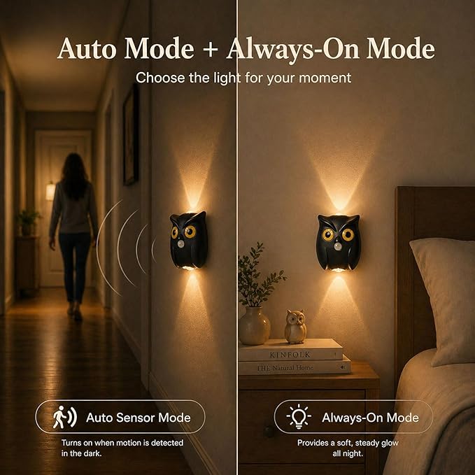 2-Pack Obsidian Owl Wall Lamp, Cute LED Night Light for Bedroom Decor, Warm Ambient Lighting for Kids Room, Nursery & Hallway, Creative Animal Wall Light, Gift for Home Decoration