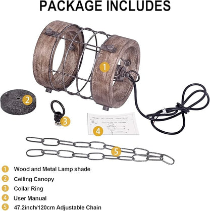Farmhouse Pendant Light, Rustic Hallway Light Fixtures, Industrial Metal and Wood Chandelier 1-Light Round Cage, for Kitchen Island Foyer Hallway Bar Dining Room Entryway, D 7.9" X H 8.7" (Sliver)