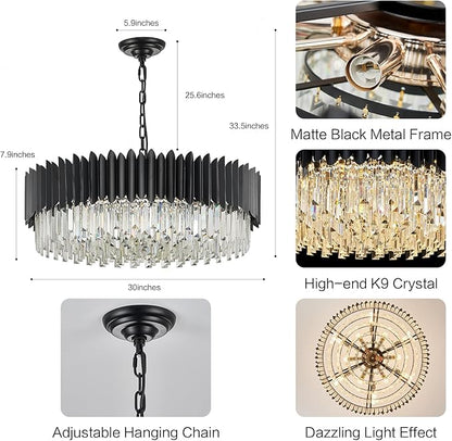 Black Crystal Chandelier 30'' K9 Crystal Round Pendant Lights Adjustable 6-Tier Large Modern Crystal Chandelier Light 12-Lights for Dining Room Living Room Kitchen Foyer Entryway