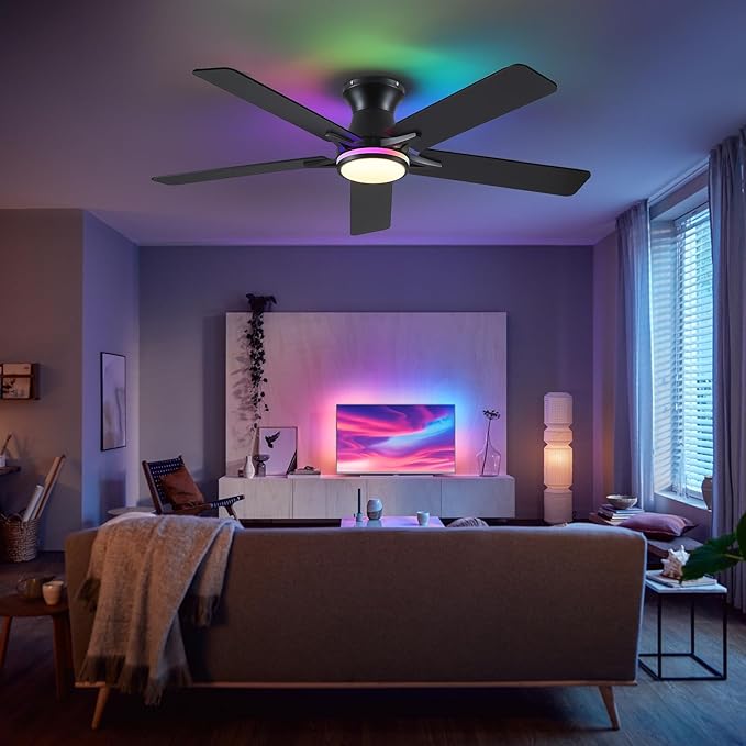 52" RGB Ceiling Fans with Lights and Remote/APP,Black Low Profile Ceiling Fans,Modern Flush Mount Ceiling Fans for Bedroom Kids Room